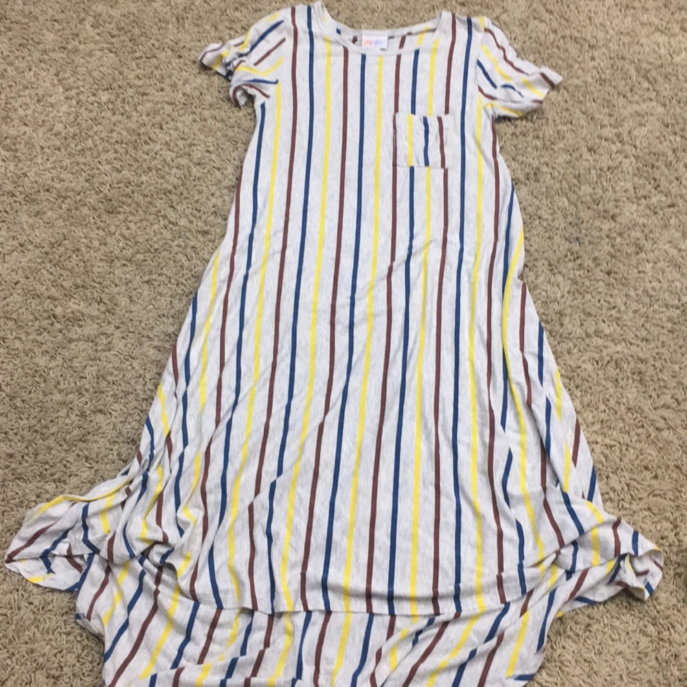 LuLaRoe XXS Carly Dress Yellow Blue brown striped